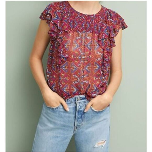 Anthropologie Meadow Rue Majolica Blouse Smocked Front NWOT? 4 - Picture 1 of 9